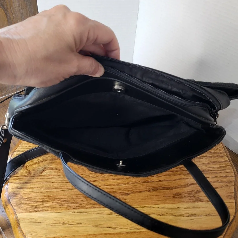 VTG Black Leather Patchwork Purse Shoulder Bag Handbag Hippie‎ Boho